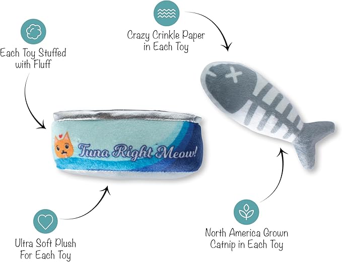 Fringe Studio Plush Cat Toy Set, Tuna Right Meow, Mini 2 Piece Set, Pet Shop Collection (692005)