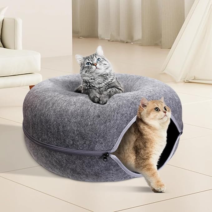 Cat Tunnel Bed for Indoor Cats, Scratch Resistant Donut Cat Bed Cave, Indoor Cat Hideout, Detachable Round Felt & Washable Interior Cat Play Tunnel for Small Pets