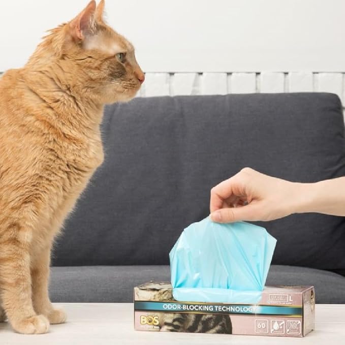 BOS Odor-Sealing Cat Poop Bags for Pet Waste & Kitty Litter - Disposal Bags - Scent & Smell Free (60 Bags) [Size: L, Color: Light blue] ★Brand-new packaging!! ★NOT a litter box liner
