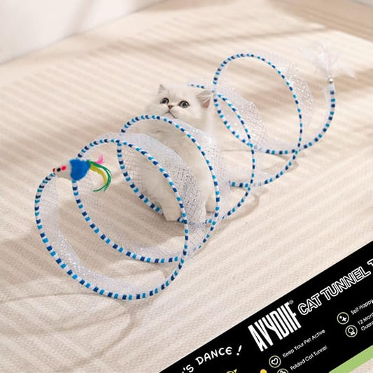 Cat Tunnel Spring Toy Cat Teaser Stick Collapsible, Kitten Tunnel Bored Pet Cat Hunting Play Tunnel with Feather Mouse Toys for Cat, Kitty, Kitten, Rabbit, Puppy (Blue)