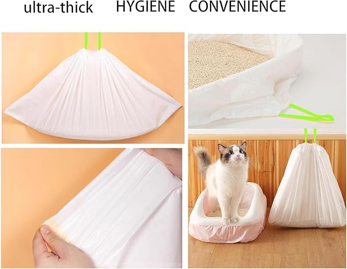 20 Count Cat Drawstring Litter Box Liners 26.6x16.7 inches 2Mils Super Thick White Cat Litter Waste Bags Poop Bags for Self-Cleaning Litter Box Cat Litter Pan Trays (Green Drawstring 20 count)