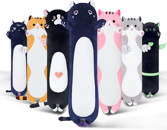 Long Cat Plush Body Pillow, Soft Cat Plush Toy Pillows for Kids, Stuffed Animals Cat Plushies Gifts for Girls Girlfriend(DevilCAT with Skull, 35.4in/90cm)