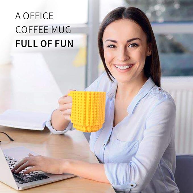 Build-on Brick Coffee Mug, Funny DIY Novelty Cup with Building Blocks Creative for Kids Men Women Xmas Birthday (Yellow)