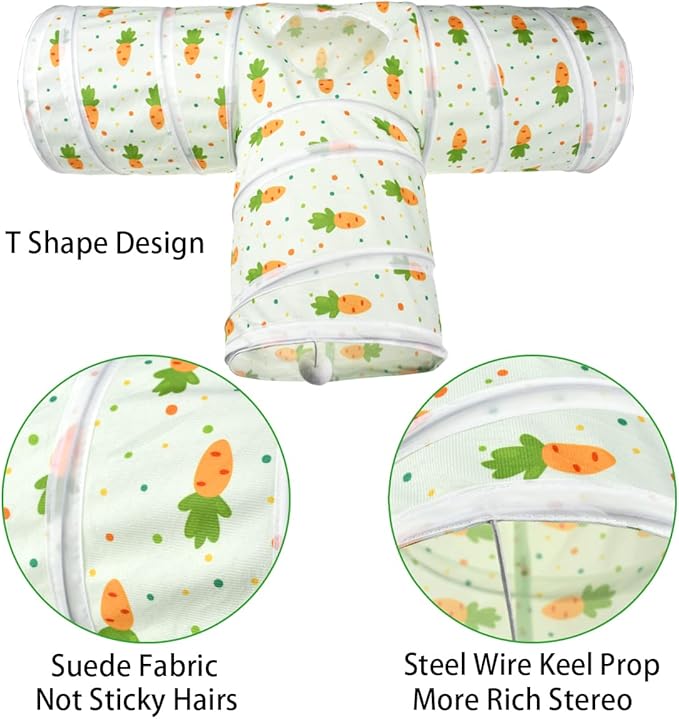 Vehomy Bunny Rabbit Tunnels Rabbit Cat 3 Way Collapsible Tunnel with Cute Carrot Patterns Small Pet Hideout Activity Tunnel Tube Toy for Bunny Kitten Cat Dwarf Guinea Pig T Shape
