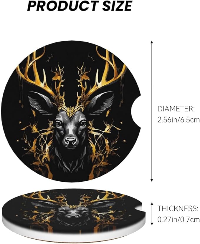 Absorbent Ceramic Car Coasters for Cup Holders, Black Gold Deer Design 2.56" Anti Slip Universal Drink Cup Coasters for Women Men (2 Pack)