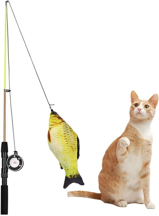 Fishing Rod Interactive Wand Cat Toys for Indoor Outdoor Cat, Retractable Cat Teaser Wand Toy Exerciser, Fishing Pole Wand Catcher for Cat and Kitten, Fun Cat Kitty Kitten Playing Toy