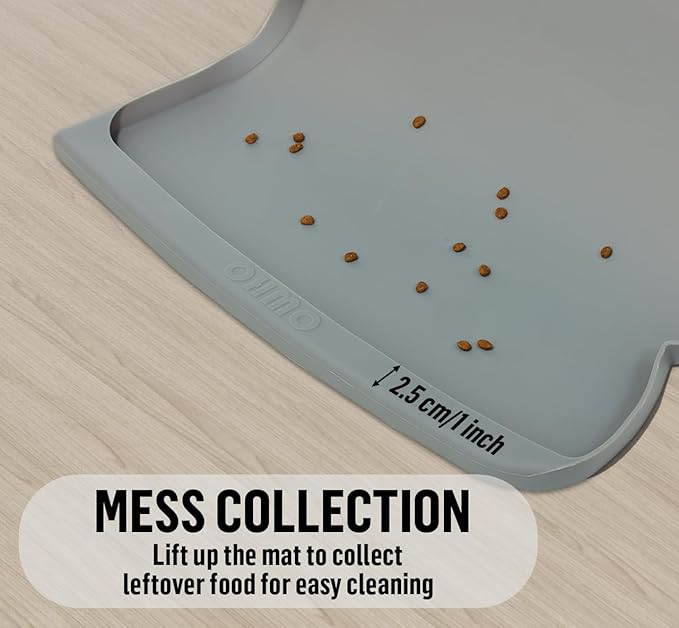 OHMO Dog Food Mat(Dark Grey, 24 * 15'') w/Residue Collection Pocket Silicone Pet Feeding Mat for Floor High Edges Anti Spills Waterproof Cat Water Bowl Tray, Easy Clean Placemat