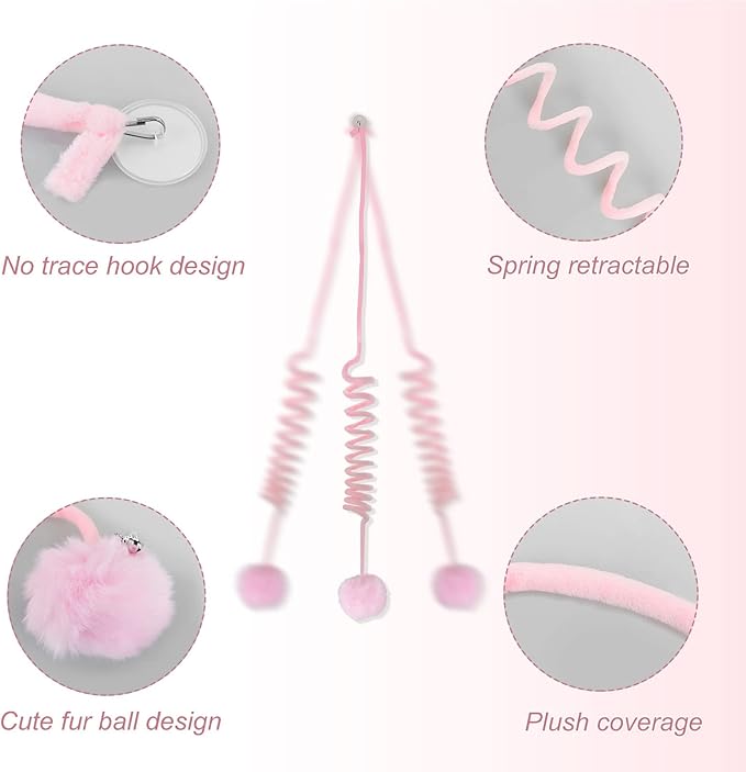 WishLotus Interactive Cat Toys, 2 Pack Soft Plush Cat Toys for Indoor Cats Self-Hanging Door Cat Plush Toys with Bells Long Tail Elastic Indoor Cat Toys for Cat Chase Play and Kill Time (Pink+Yellow)