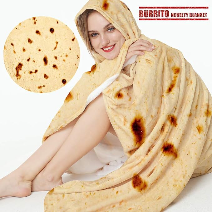 Burrito Tortilla Throw Blanket, 2.0 Double Sided Burritos Taco Tortilla Wrap Blankets for Adults Kids, Giant Funny Realistic Food Blankets, Soft Flannel Round Throw Blanket 80in