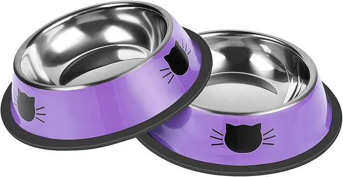 2Pcs Cat Bowls Non-Slip Stainless Steel Small Cat Food Bowls Unbreakable Thicken Cat Feeder 13 Oz Cat Dishes Suitable for Indoor Small Pets Removable Rubber Base Easily Clean Lovely Color