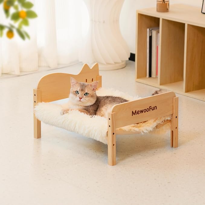 MEWOOFUN Cat Hammock Bed Elevated Pet Bed for Indoor Cats or Puppy, 21.7" X 16" Floor Standing Dog Bed Pet Resting Hammock for Cats & Small Dogs (Plush Beige)