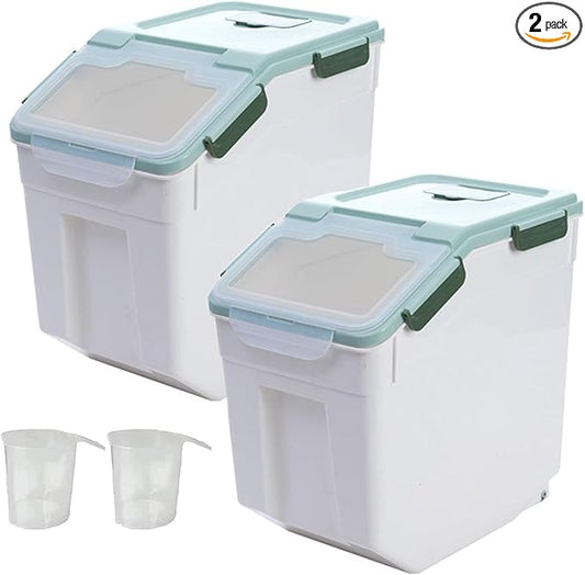 AnRui 2Pcs Airtight Flour Storage Containers 45LB, Large Rice Storage Container, Plastic Cereal Grain Dispenser Organizer Pet Dog Cat Food Storage Bin with Lid, with Measuring Cup, Scoop, Green
