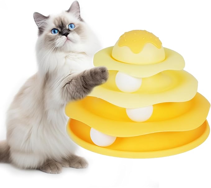 Cat Ball Track Toy,Interactive Cat Toy, Engaging Fun for Indoor Cats, Multi-Layer Design, Ice Cream Structure,Detachable and Easy to Clean (Yellow)