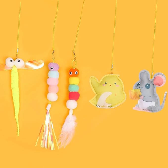 Kalimdor Interactive Cat Feather Toys 5pack,Retractable Teaser Toy,Hanging Interactive Toys for Indoor Cats Kitten Play Chase Exercise, Kitten Mental Exercise Toys