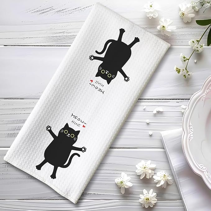 Single Decorative Kitchen Towel with Adorable Hugging Kitty and 'Meow, Hug' Text-Quick-Drying Cute Hand Towel for Cooking,Stylish Bathroom Decor-Whimsical Cat Mom Gifts,Crazy Cat Lady Accessories