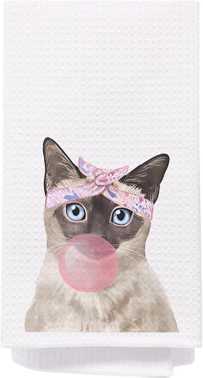 SPBL&L Funny Siamese Cat Kitchen Towels, Cat Dish Towels for Kitchen, Cat Hand Towels for Bathroom Kitchen, Cat Kitchen Towels Gifts for Cat Lovers Women, Siamese Cat Gifts, 16x24 Inches, White