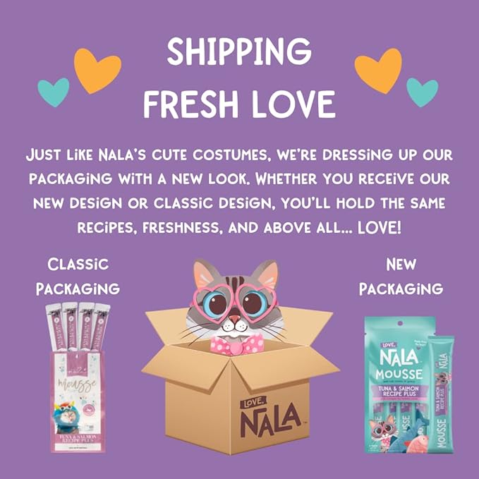 LOVE, NALA - Natural Lickable Cat Squeeze Up Treat,Topper - Tuna & Salmon Mousse - Wet Food Cat Puree - Grain Free, Fiber Blend, Minerals, Vitamins - 4 Pack 2 oz.