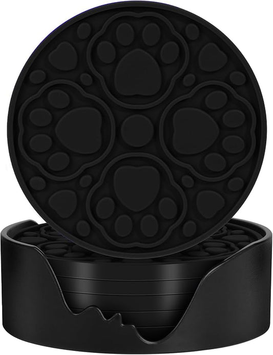 Black Silicone Coffee Coaster Set of 6 with Holder, 4 Inches Modern Bar Coasters for Desk, Tabletop Non Slip Decorative Cup Mat for Drinks, Beer, Beverage - Dishwasher Safe