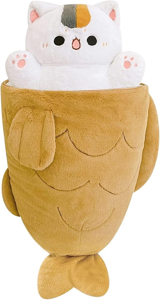 Ditucu 23.6 inch Taiyaki Cat Plush Pillow Cute Kitten Inside Fish 2 in 1 Soft Stuffed Animal Plushies Toys with Outfit Sleeping Doll Gifts for Girls Boys
