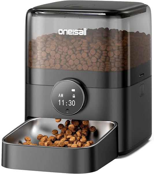 oneisall Automatic Cat Feeder, Timed Cat Feeder with Stable Structure, Dry Food Dispenser with Backup Power, Programmable, 1-6 Meals Per Day Pet Food Dispenser with Desiccant Bag