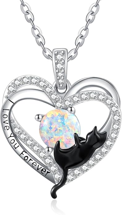 Birthstone Cat Necklaces,925 Sterling Silver Cat Necklace Heart Pendant for Women,Dainty Animal Jewelry for Her,Wedding Anniversary Birthday Gifts for Women Mom Grandma
