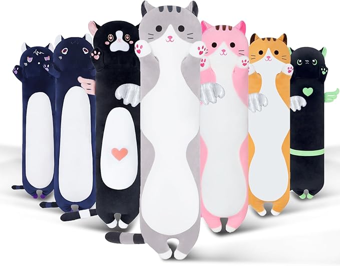 Long Cat Plush Body Pillow, Cute Cat Plush Toy Pillows with Wings, Stuffed Animals Kitten Soft Plushies Gifts for Kids Girls Girlfriend(Grey, 35.4in/90cm)