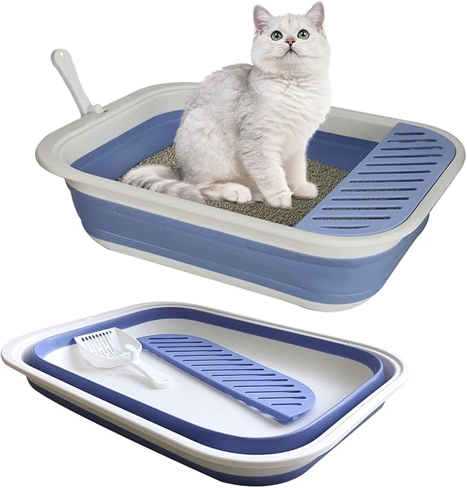 2 pcs Collapsible Kitten Litter Box,Low Entry Shallow Open Cat Potty Pan with Scoop Foldable Shallow Cat Toilet Travel Litter Box with Falling Sand Pedal for Kitty to Senior Cats 2PCS (Blue, Large)