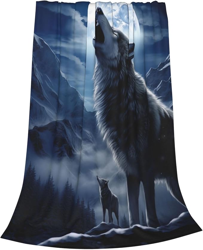Snowy Mountain Wolf Blanket Gifts Moonlit Night Wolves Flannel Throw Blankets for Home Decor Couch Bed Sofa Soft Fuzzy Lightweight for All Season 60x50 Inches