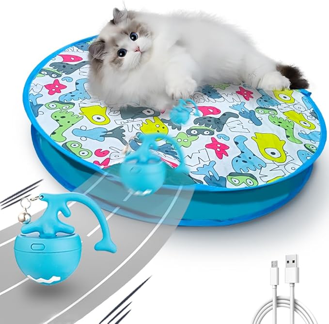 Interactive Cat Toy, Electric Hunting Toys for Bored Indoor Cats, Motion Activated Fast Moving Ball Rolling in Cat Play Mat, Hide and Seek Kitten Toy