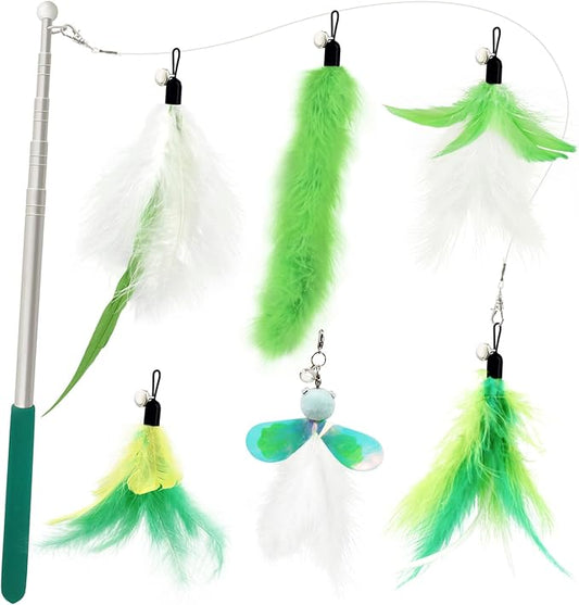 SONGWAY Cat Feather Toys Wand - 7 Pcs Interactive Cat Toys for Indoor Cat Kitten, Retractable Cat Wand Toy with 6 Feather Teaser Refills with Bell, Cat Fishing Pole Toy, Green