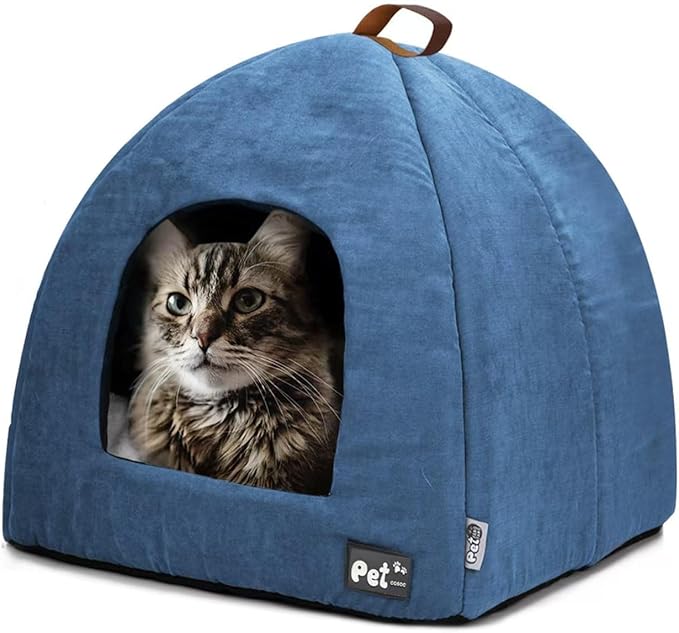 Cat Bed for Indoor Cats -Premium Pet Beds for Cats and Small Dogs, Cat Bed Cave, Comfortable Covered Cat Bed, Cat Tent, Kitten Bed, Small Animal Bed and Cat Hut with Cushioned Pillow (Large, Blue)