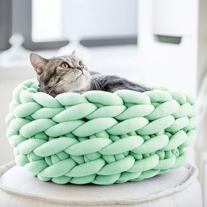 Lucky Monet Cat Basket Bed Cotton Knitted Round Pet Beds for Cats Cute Boho Cat Pet Bed Warm Woven Cat Nest for Puppy Kitten Cats Dogs (15.7", Mint Green)