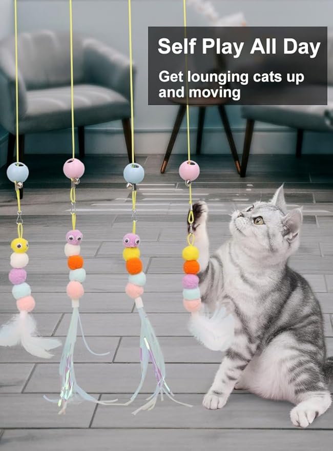 Interactive Cat Feather Toys 3 PCS, Retractable Teaser Toy with Catnip, Door Hanging Cat Toys Indoor Kitten Play Chase Exercise, Mental Physical Stimulation for Almost All Breeds Cats