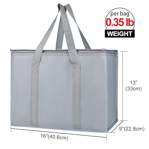 Bodaon 3-Pack Insulated Reusable Grocery Shopping Bag, X-Large Frozen Food Cold, Cooler Bags with Zippered Top, Insulated Food/Pizza Delivery Bag, Gray