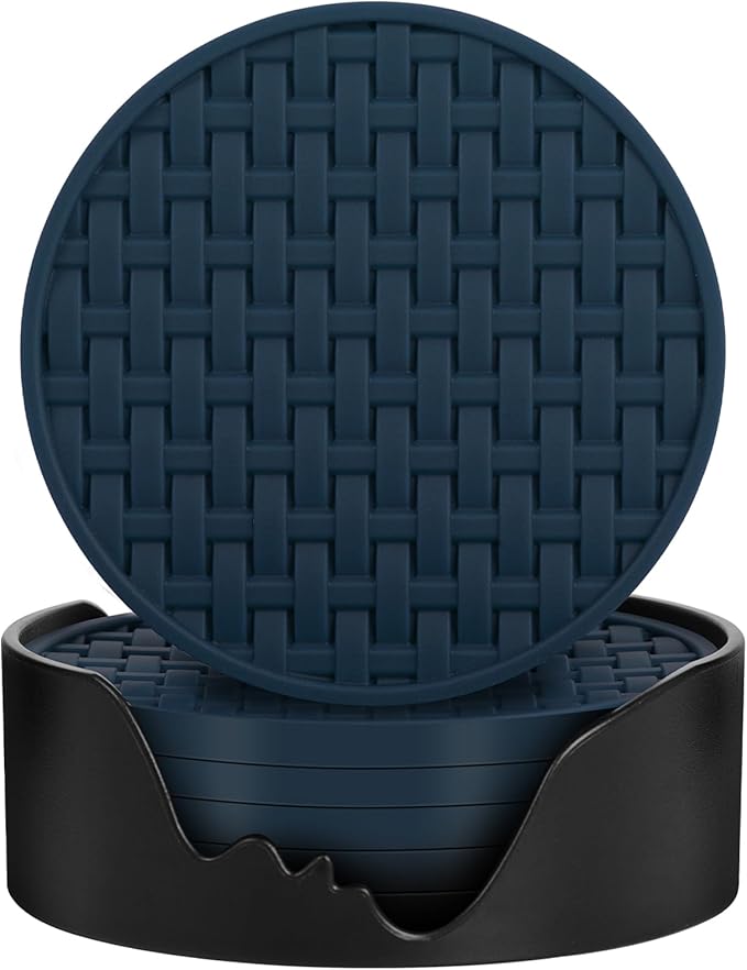 Blue Silicone Coasters Set of 6 with Holder, 4 Inches Non-Slip Decorative Coasters for Home, Kitchen, Office Heat Resistant & Waterproof Cup Mat for Drinks, Bar, Coffee