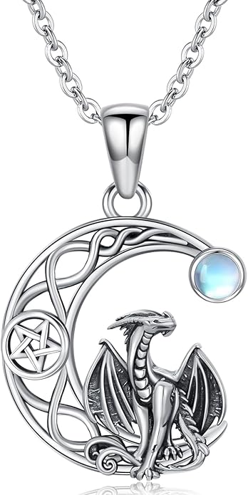 Black Cat/Dragon/Fox/Wolf Necklace 925 Sterling Silver Celtic Moon Pentagram Pendant Gothic Jewelry Goth Halloween Gifts for Women