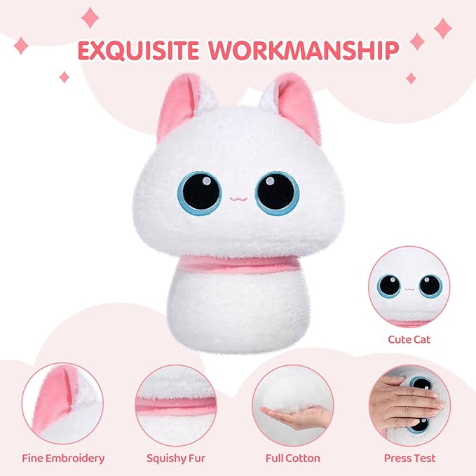 Squishy Cloud-Like Softness, Trending Kawaii White Cat Mushroom Plush Pillow, A Must-Have Collectible for Young Adults, Perfect for Kids, Toddlers Girls, Stuffed Animal Decor (8")