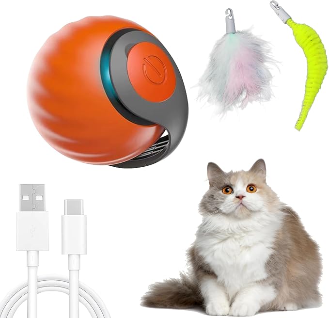 Interactive Cat Toy Ball, Automatic Moving Cat Ball Toy with Feather Tail, Indoor Smart Cat Toys, Motorised Cat Toys for Chasing & Hunting