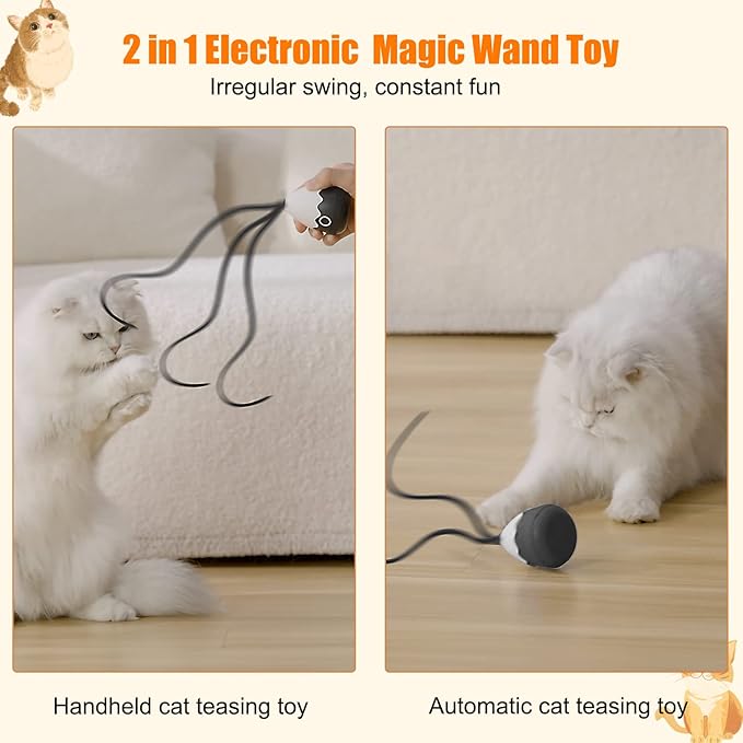 Cat Wand Toy, Automatic Silicone Tail Teaser Toy 2 in 1, Electronic Interactive Cat Toy for Indoor Cats, Rechargeable Exercise Toy for Kitten-Black