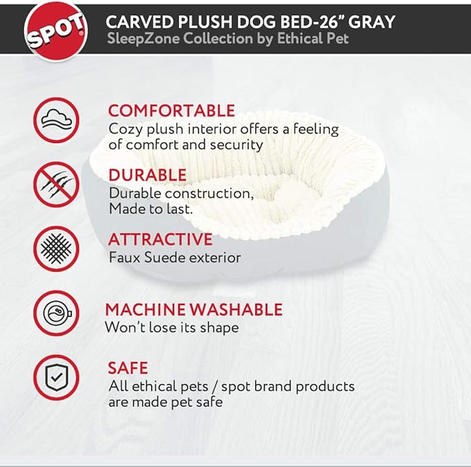 Sleep Zone Faux Suede Carved Plush Lounger, Cuddler, Napper Dog Bed - Fabric Bottom - 26X21 Inches / Grey / Attractive, Durable, Comfortable, Washable. By Ethical Pets