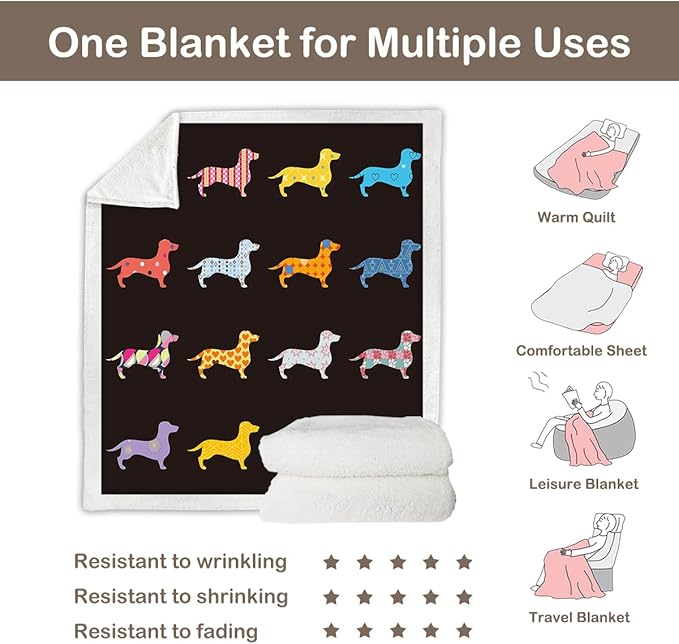 Sleepwish Colorful Dachshund Fleece Throw Blanket for Couch Chair Fuzzy Black Cartoon Puppy Sherpa Blanket Gifts for Women Kids, Queen(90" X 90")