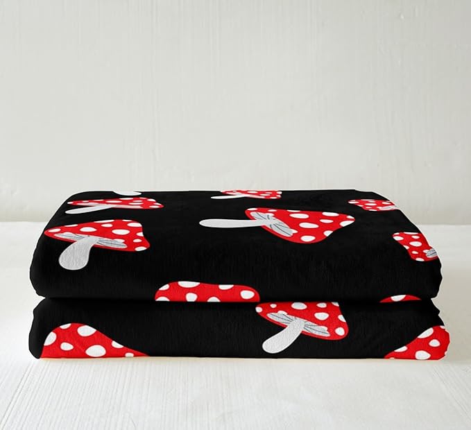 Feelyou Cute Mushrooms Plush Throw Blanket Red Mushrooms Sherpa Blanket Natural Wild Fungus Fleece Throw Blanket Botanical Fuzzy Blanket for Kids Boys Girls 60"X80" Black