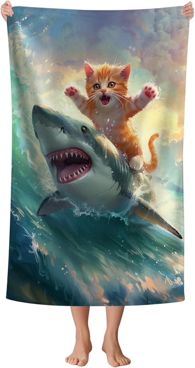 WZOMT Cute Cat Beach Towel, Microfiber Shark Beach Towel, Funny Cat Ride Shark Surfing Ocean Towels, Cats Towels for Cats Lovers, Quick Dry Kitten Kitty Bath Pool Towel, Oversized 32x52 Inch