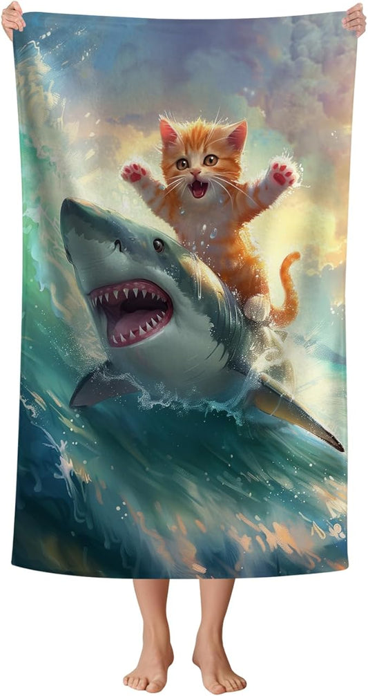 WZOMT Cute Cat Beach Towel, Microfiber Shark Beach Towel, Funny Cat Ride Shark Surfing Ocean Towels, Cats Towels for Cats Lovers, Quick Dry Kitten Kitty Bath Pool Towel, Oversized 32x52 Inch