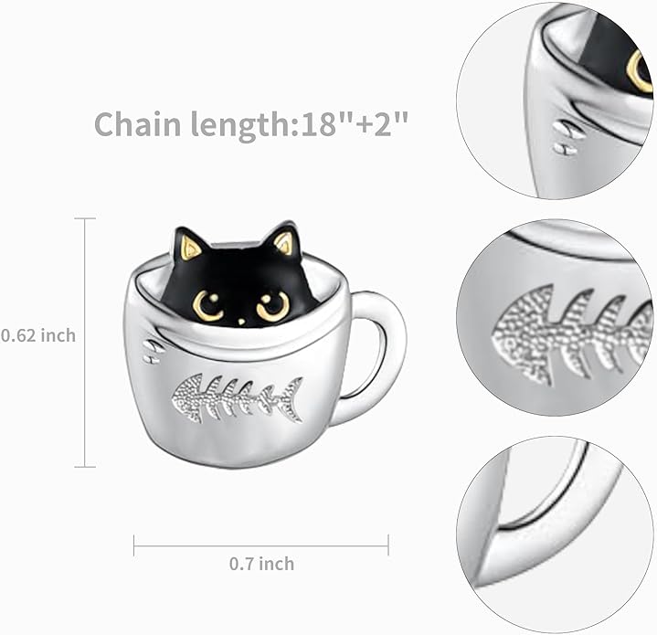 Black Cat and Moon Silver Pendant Necklace for Women - Cat Lover Jewelry Gift for Birthday Party