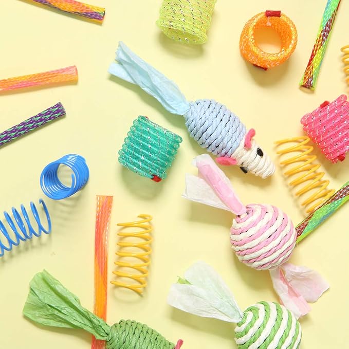 20Pcs Colorful Cat Spiral Spring, Cat Spring Toys Kittens Telescopic Plastic Coils Paper Mouse Paper Ball with Bell Spring Tube Toys for Keep Fit Interactive