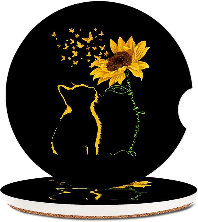 Absorbent Car Cupholder Coaster 2 Pack,Ceramic Stone Coaster with a Finger Notch for Women & Lady,Cork Base Drink Coasters 2.56 Inch,Cute Auto Accessories Gifts - Yellow Cat Sunflower