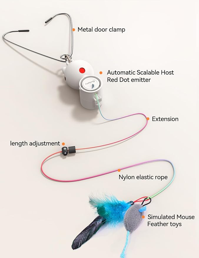 Interactive Cat Toys LED Light Hanging Cat Toys for Indoor Cats, Cat Wand Toy Cat Feather Toy, Feather & Mouse Cat Toys for Bored Adult Cats Kitten Exercise, White