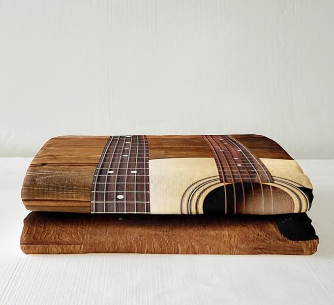 Erosebridal Electric Guitar Fleece Sherpa Blanket, Vintage Guitar Shop Brown Wooden Stripe Throw for Sofa, Retro Farm Style Musician Room Decor