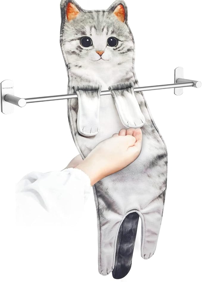 PAT JUUMG Funny Cat Hand Towels for Bathroom Kitchen Decor Towel,Cute Decorative Hanging Face Towels,Super Absorbent Soft, Housewarming Gift,Cat Lovers Gifts for Women (Grey Cat)